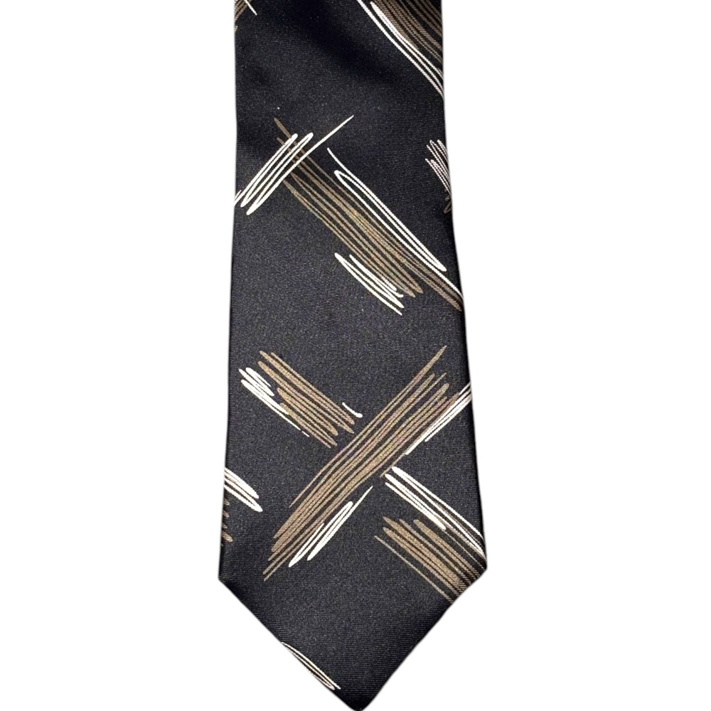 Vintage Damon Mens Silk Tie Black Brown White Abstract Geometric Brushstroke USA
